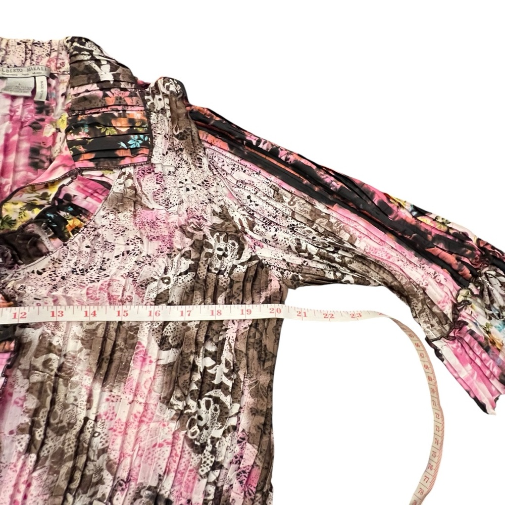 Alberto Makali Vintage Floral Abstract Short Sleeve Top Crinkle Ruffle Designer - Picture 13 of 15
